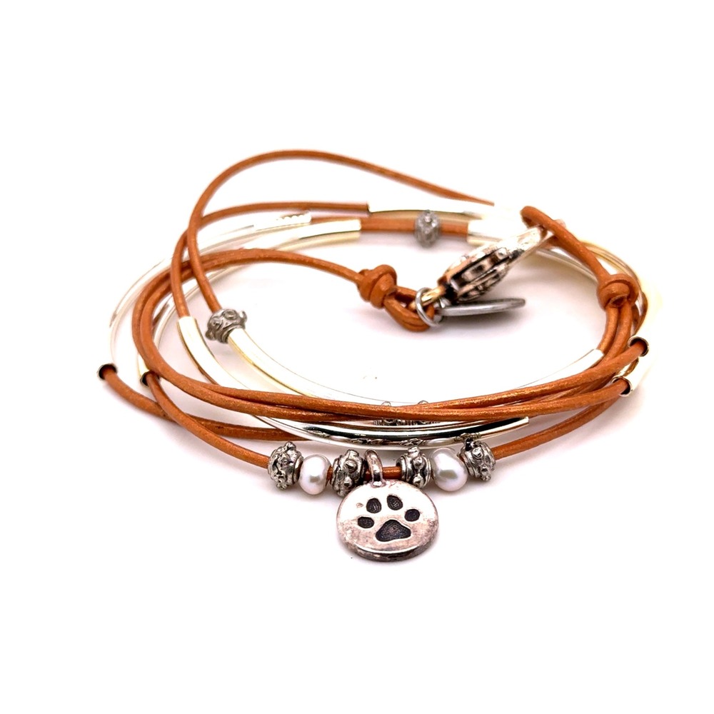 Lizzy James Leather Wrap Bracelet Necklace Paw Print Charm Silver Tubes 22"